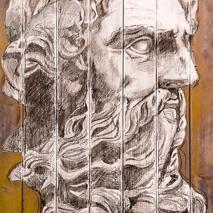 Dessin de poséidon sur des planches de bois